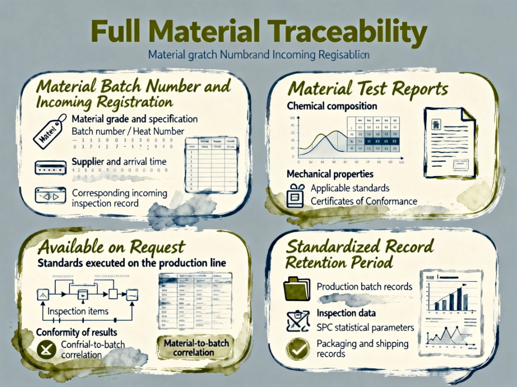Material traceability framework showing batch number tracking, test reports, CoC certificates, and record retention standards for industrial manufacturing quality control