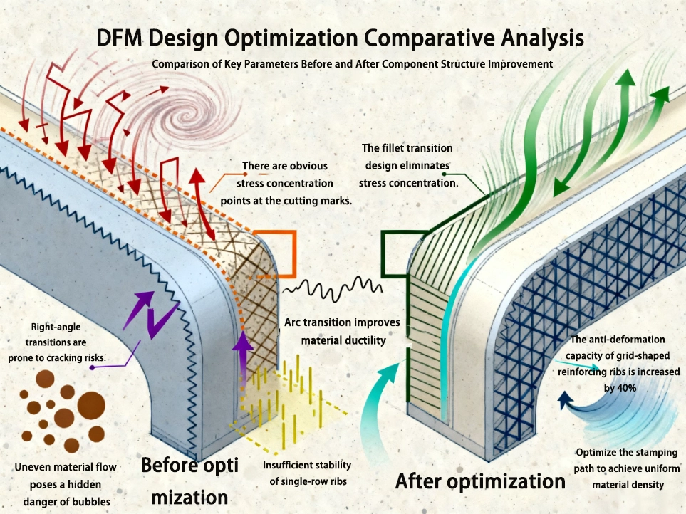 A diagram illustrating the metal sheet cutting process, focusing on optimizing cutting transitions and bending areas. The image shows how cutting paths and transition zones are adjusted based on DFM review recommendations to improve manufacturing efficiency and cutting precision.