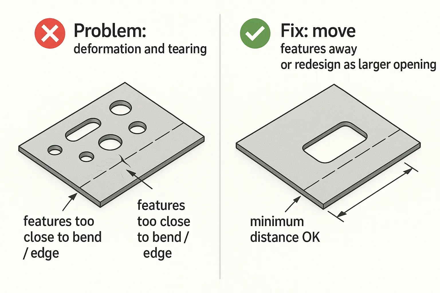 Features Too Close to Bend or Edge – Deformation and Tearing Comparison Side-by-side illustration of a sheet metal plate: on the left, round holes and slots are placed very close to a bend line and to the outer edge, causing distorted hole shapes and edge tearing, labeled “features too close to bend / edge” and “Problem: deformation and tearing”; on the right, the holes and slots are moved farther from the bend and the edge or combined into a larger opening at a safe distance, labeled “minimum distance OK” and “Fix: move features away or redesign as larger opening”.