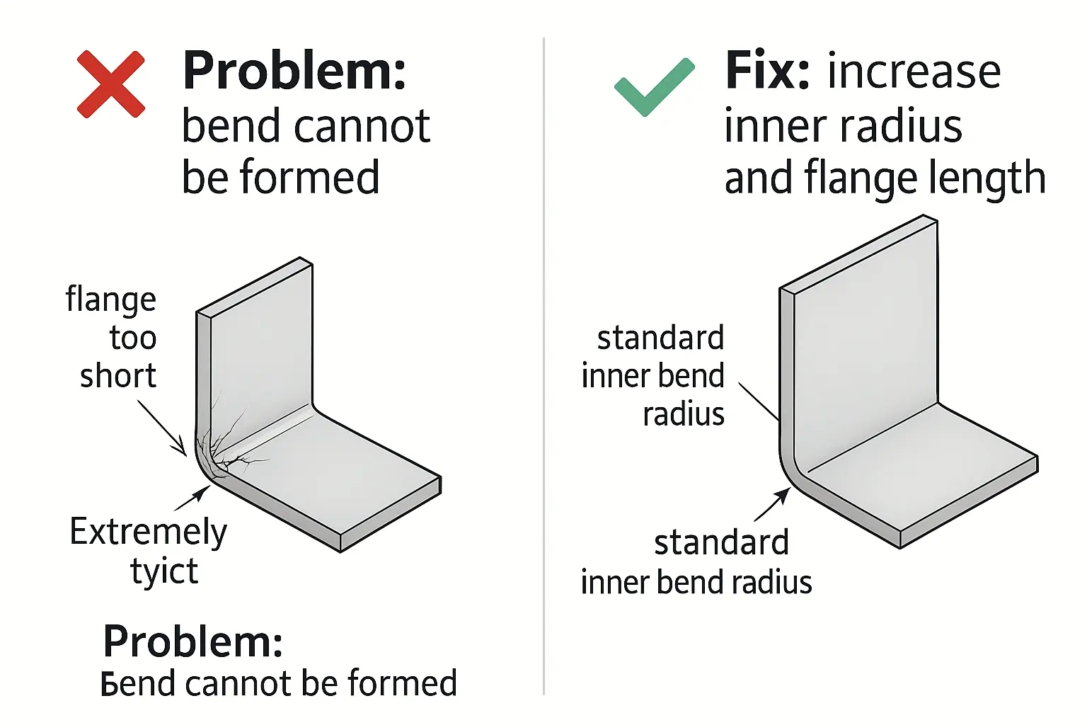 Sheet Metal Bend Cannot Be Formed – Tight Radius and Short Flange Comparison Side-by-side sheet metal design comparison: the left part has an extremely tight inner bend radius and a very short flange, causing cracks and an impossible bend; the right part shows the corrected design with a larger standard inner bend radius and a longer flange that meets tooling requirements, labeled “Problem: bend cannot be formed” and “Fix: increase inner radius and flange length”.