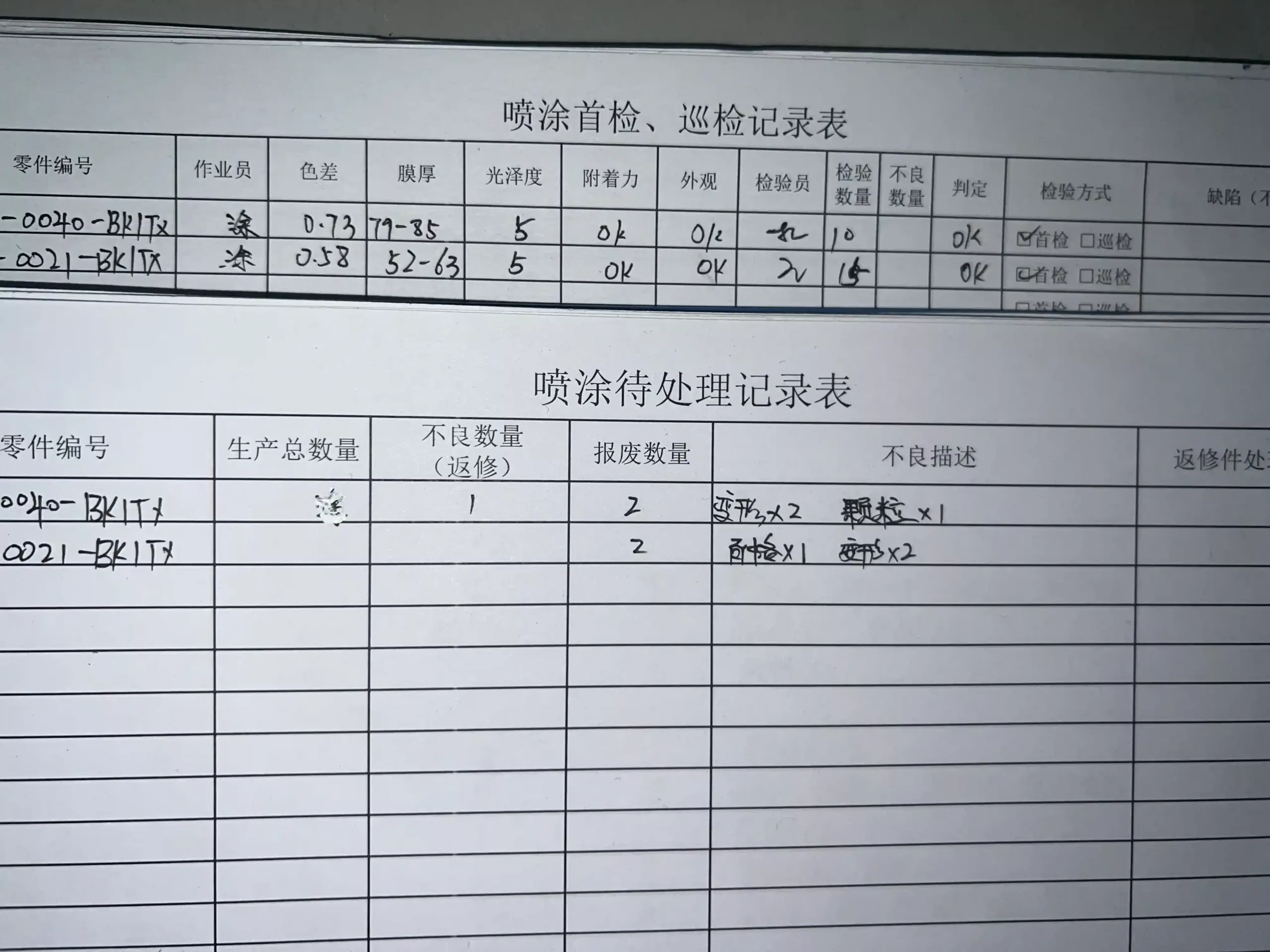 Surface treatment quality inspection report form