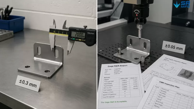 Comparison of inspection effort between standard tolerance (±0.3 mm) and tight tolerance (±0.05 mm) sheet metal parts