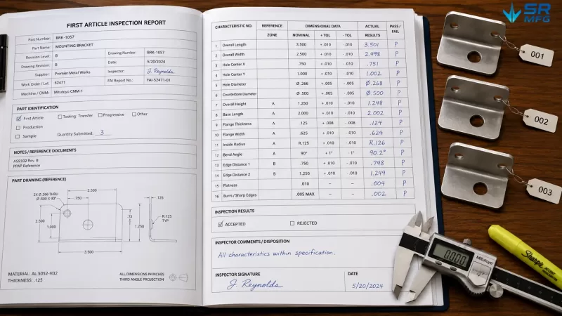 First Article Inspection report with measured dimensional data and sample sheet metal parts for buyer approval