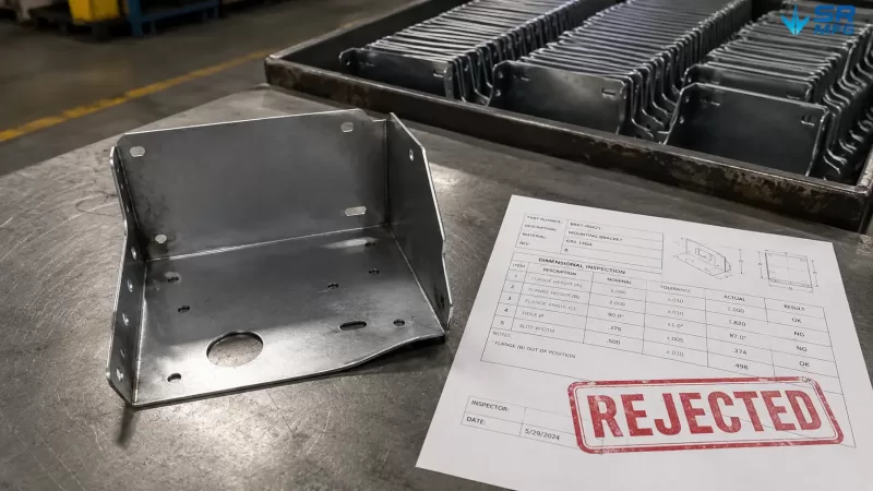 A rejected sheet metal part with visible flange misalignment caught during final inspection, with identical parts in the background indicating a batch-wide issue