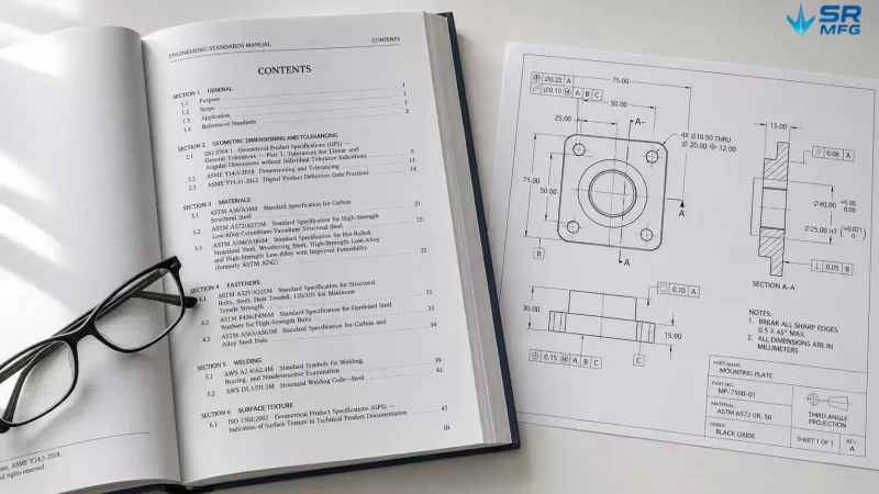 Open technical standards manual and engineering drawing used for sheet metal inspection reference