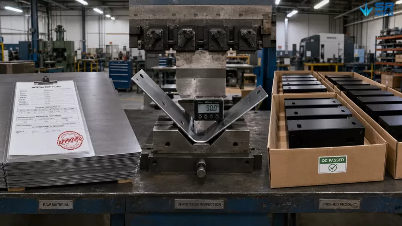 Three stages of sheet metal inspection: incoming material verification, in-process bending check, and final inspection before shipment