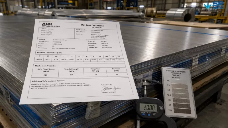 Mill test certificate placed on stainless steel sheets for incoming material inspection and traceability verification