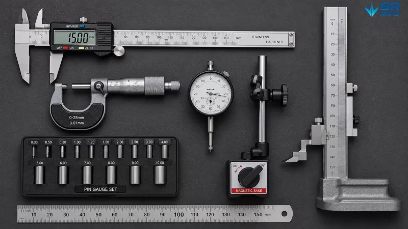 Common dimensional inspection tools for sheet metal fabrication including caliper, micrometer, dial indicator, and height gauge
