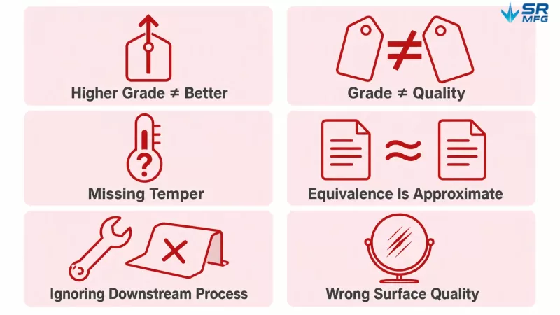 Icon cards for six common mistakes in material grade selection for sheet metal fabrication.