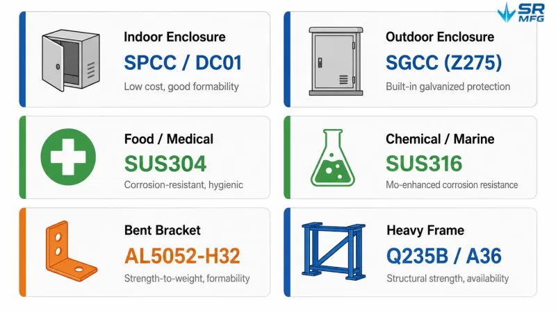 Quick-reference guide matching six application scenarios to recommended material grades.