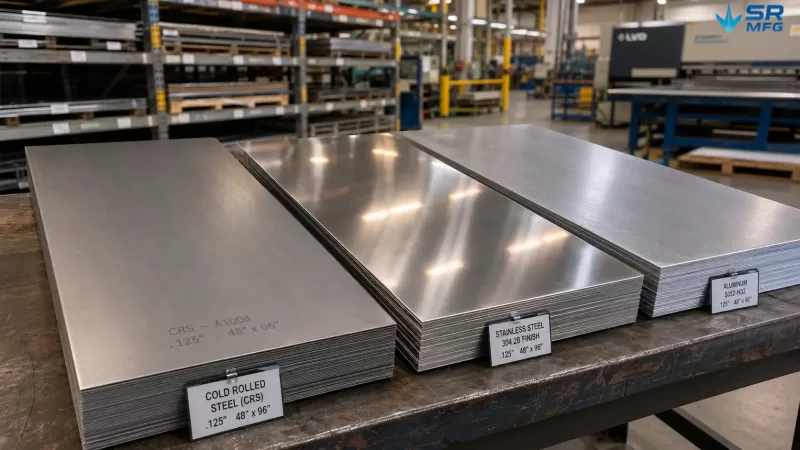 Metal sheet stock plates stacked in a factory — carbon steel, stainless steel, and aluminum with grade markings.