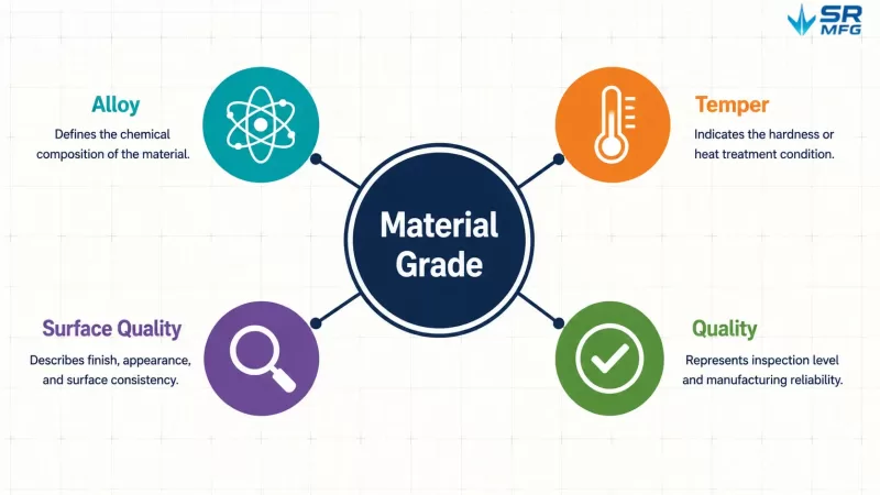 Diagram comparing Material Grade with four related terms: Alloy, Temper, Surface Quality, and Quality.