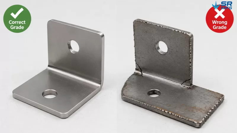 Two sheet metal brackets — one with a clean bend, one with a crack — showing correct vs. wrong material grade results.