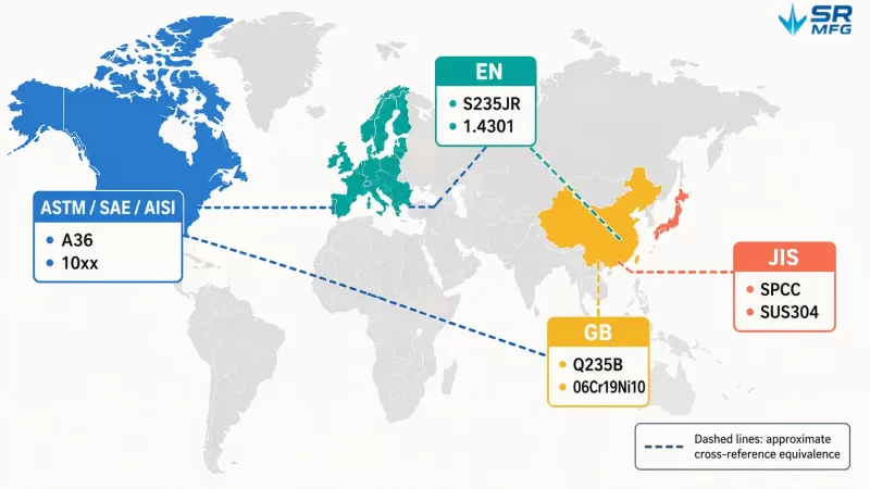 Infographic map showing four material grade systems — ASTM (US), EN (EU), JIS (Japan), GB (China).