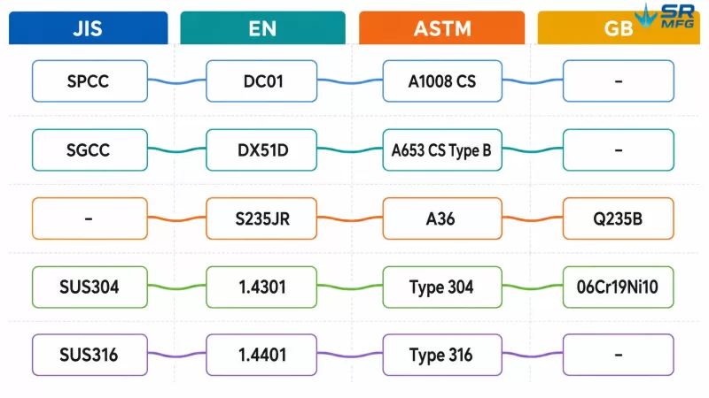 Equivalence chart mapping common sheet metal grades across JIS, EN, ASTM, and GB standards.