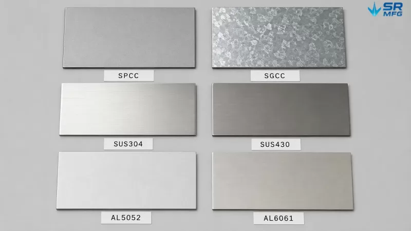 Close-up comparison of six material grade samples — carbon steel, stainless steel, and aluminum.