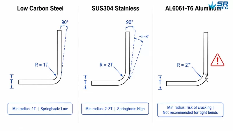 Bending behavior diagram for three grades: low carbon steel, stainless steel, and aluminum 6061-T6.