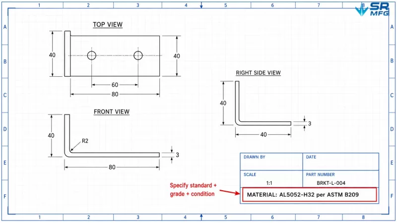 Sheet metal drawing example showing correct material grade callout format in the title block.