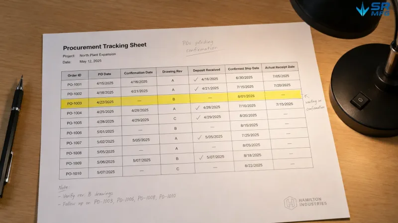 A printed procurement tracking spreadsheet showing order confirmation dates and delivery milestones alongside a mechanical pencil on a desk