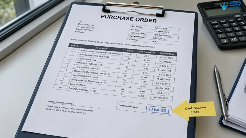 Close-up of a printed purchase order with the confirmation date field highlighted on the document