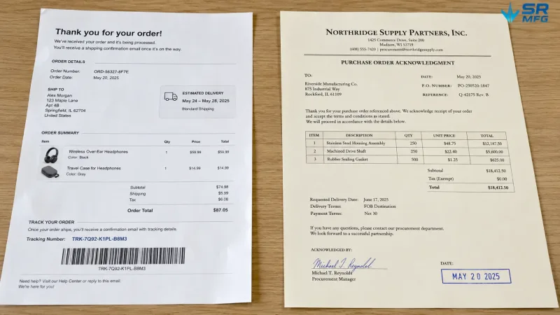 Side-by-side comparison of a casual B2C order confirmation and a formal B2B purchase order acknowledgment on letterhead
