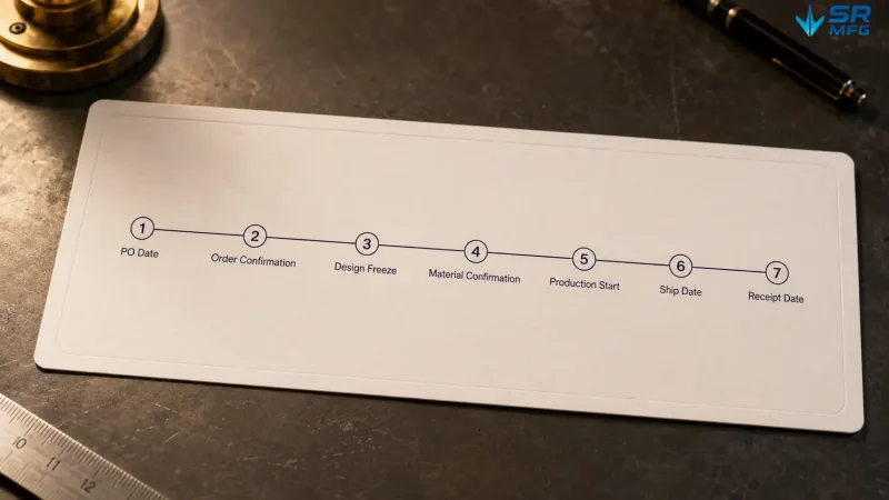 A printed horizontal timeline showing seven key order milestones from PO date to receipt date in a sheet metal fabrication project