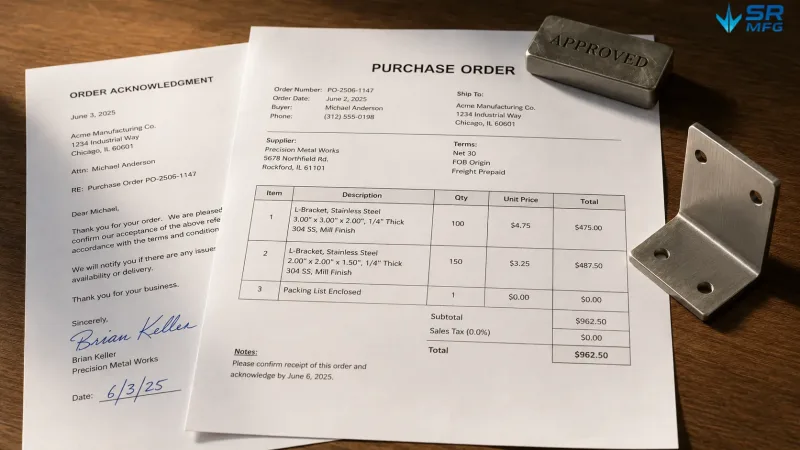A buyer's purchase order and supplier's signed order acknowledgment overlapping on a table with a steel bracket sample beside them