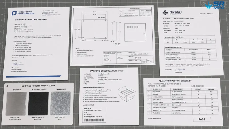 Overhead view of a complete sheet metal order confirmation package including drawings, material certificates, finish samples, and inspection checklists