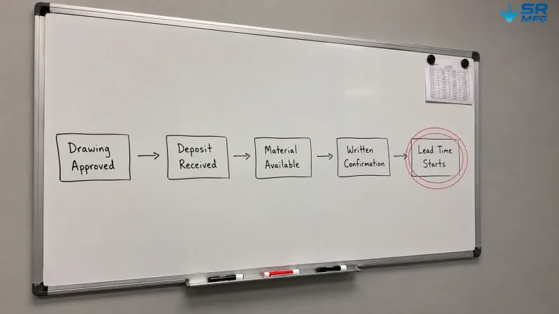 A whiteboard flowchart showing the sequence of conditions that must be met before lead time calculation begins in a sheet metal order