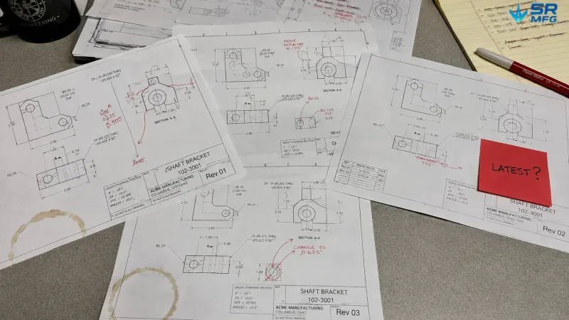 Multiple revision versions of an engineering drawing scattered on a desk with revision marks and a sticky note questioning which is the latest version