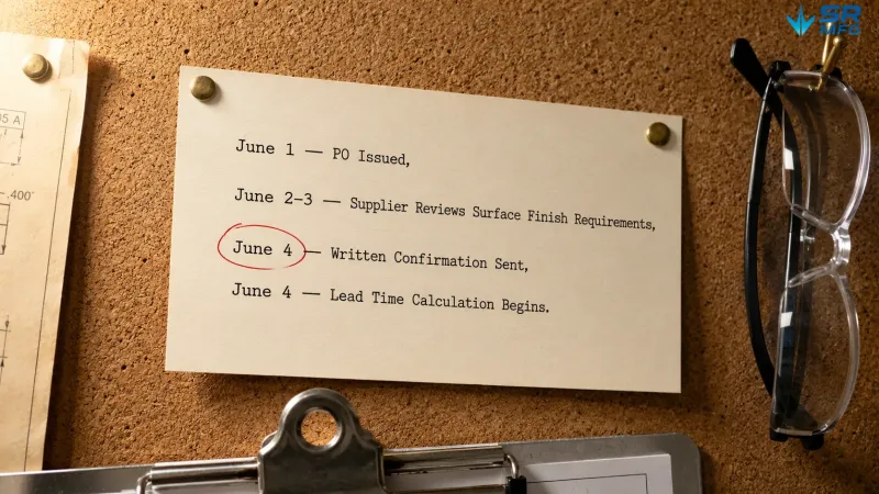A project timeline card pinned to a corkboard showing the key dates of a sheet metal order from PO issuance to written confirmation on June 4