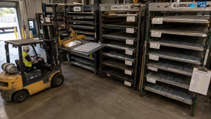 Sheet metal raw material storage area with vertical racks holding steel, stainless steel, and aluminum sheets organized by grade and thickness, with a forklift operator placing new stock