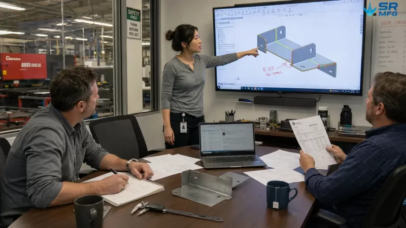 Engineers and a project manager conducting a DFM design for manufacturability review of a sheet metal bracket, discussing bend radius issues on a 3D CAD model displayed on a wall monitor