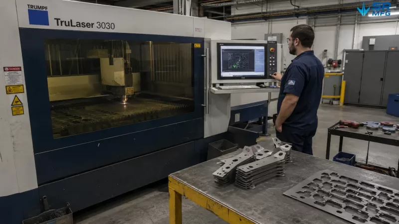 Fiber laser cutting machine cutting steel bracket parts through the protective viewing window, with an operator monitoring the cutting program on the HMI control panel