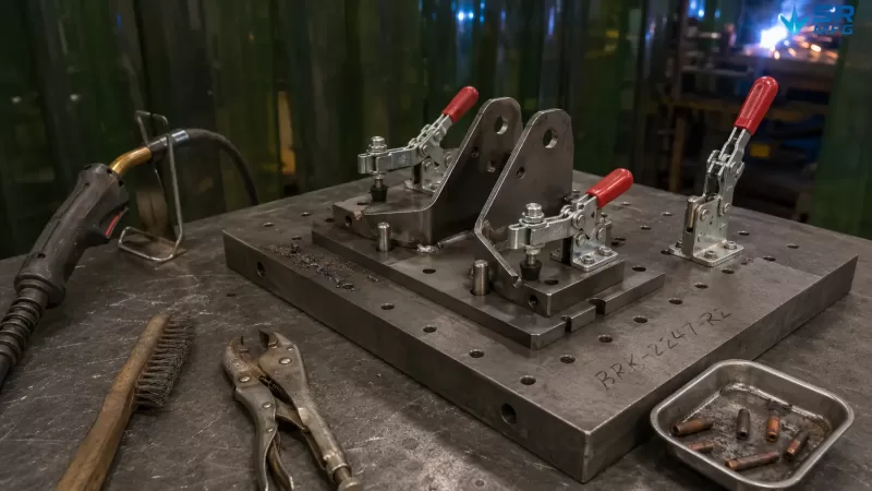Custom welding fixture with two formed steel brackets loaded onto locating pins and secured by toggle clamps, with a MIG welding gun on its hook and a welding curtain visible in the background