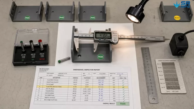 Quality inspection station table showing a powder-coated sheet metal U-bracket measured with a digital caliper and go/no-go pin gauges, with an inspection report, pass stickers, and an LED task lamp visible