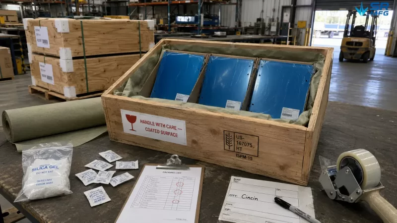 Open wooden shipping crate containing three powder-coated steel panels in cardboard dividers with VCI corrosion inhibitor paper, desiccant sachets, packing list, and handling warning label at a warehouse packing station