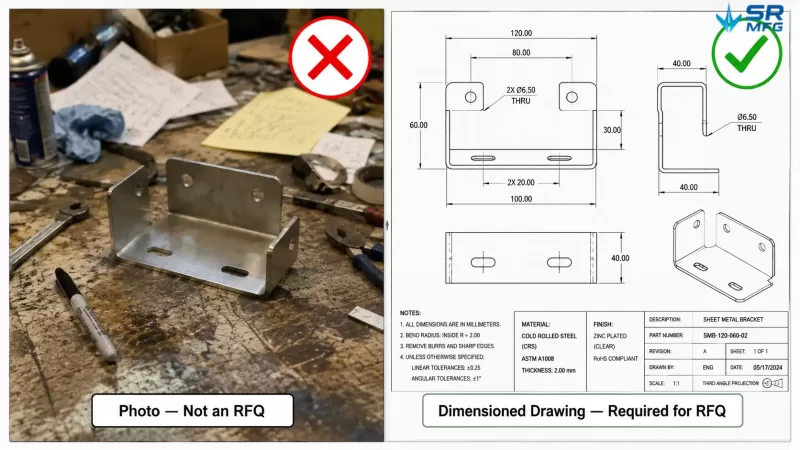 Comparison of an informal smartphone photo versus a proper dimensioned engineering drawing for a sheet metal RFQ