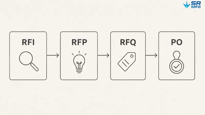 Flow diagram comparing RFI, RFP, RFQ, and PO stages in the manufacturing procurement process