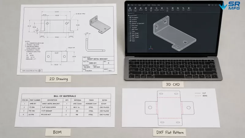 Flat lay of sheet metal RFQ documents including 2D drawing, 3D CAD model, BOM, and DXF flat pattern file