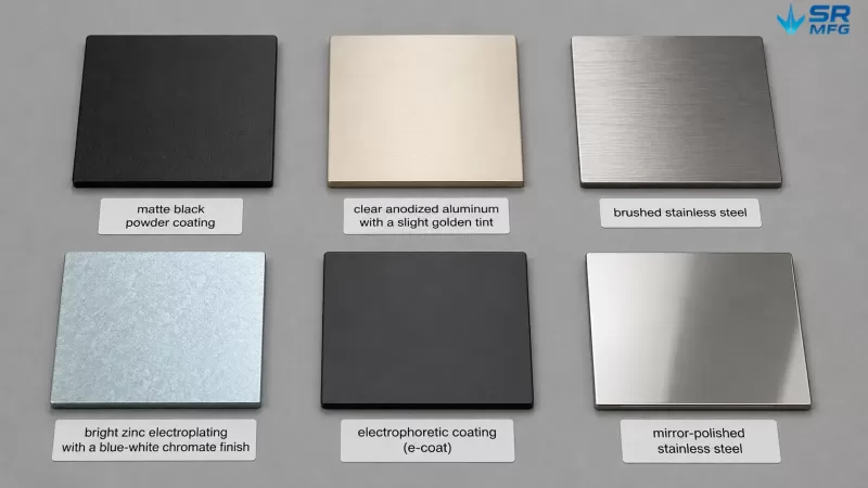 Six sheet metal surface finish samples including powder coating, anodizing, brushed stainless, zinc plating, e-coating, and mirror polish