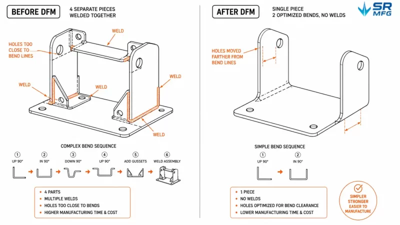 Before and after comparison of a sheet metal bracket design showing how DFM feedback reduced welds and simplified the bend sequence