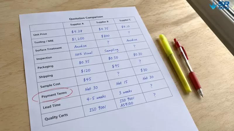Printed sheet metal quotation comparison checklist with three supplier columns and multiple cost factor rows, partially filled in by hand