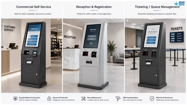 Application examples of custom self-service kiosk metal cabinets for commercial registration and ticketing systems