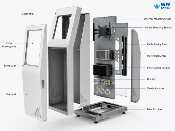 Exploded view of custom self-service kiosk metal cabinet with internal mounting structure