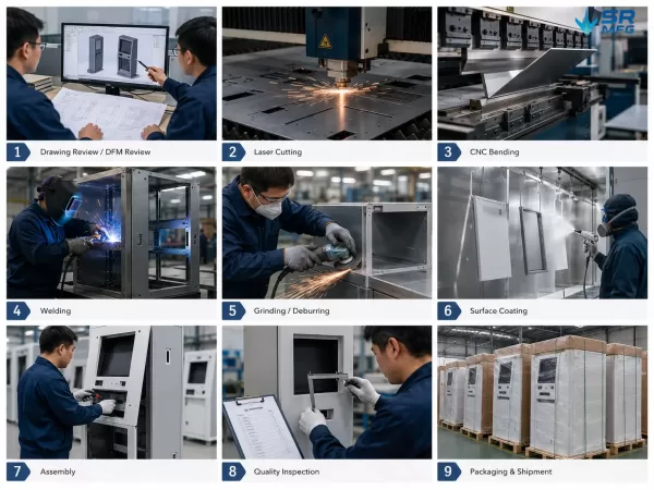 Sheet metal fabrication process for custom self-service kiosk metal cabinets