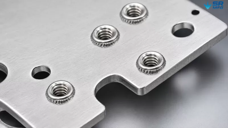 Close-up of PEM nuts pressed into sheet metal