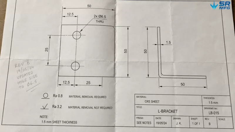 Engineering drawing detail showing ISO standard surface finish symbols with Ra 0.8 and Ra 3.2 specifications on a 1.5mm sheet metal bracket