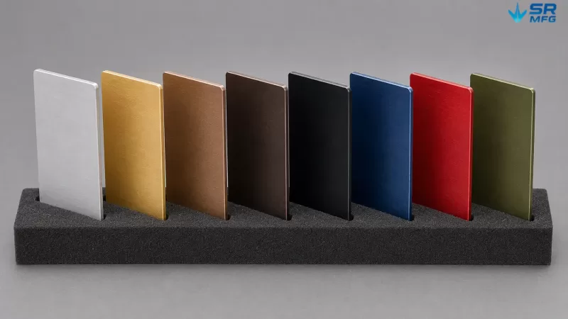 Eight 1.5mm anodized aluminum sheet panels displaying a range of dye colors from natural silver through gold, bronze, black, blue, red, and green