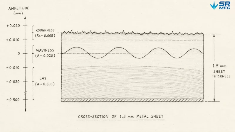 Technical cross-section diagram illustrating the three elements of surface finish — roughness, waviness, and lay — shown as overlapping profile layers on a thin metal sheet